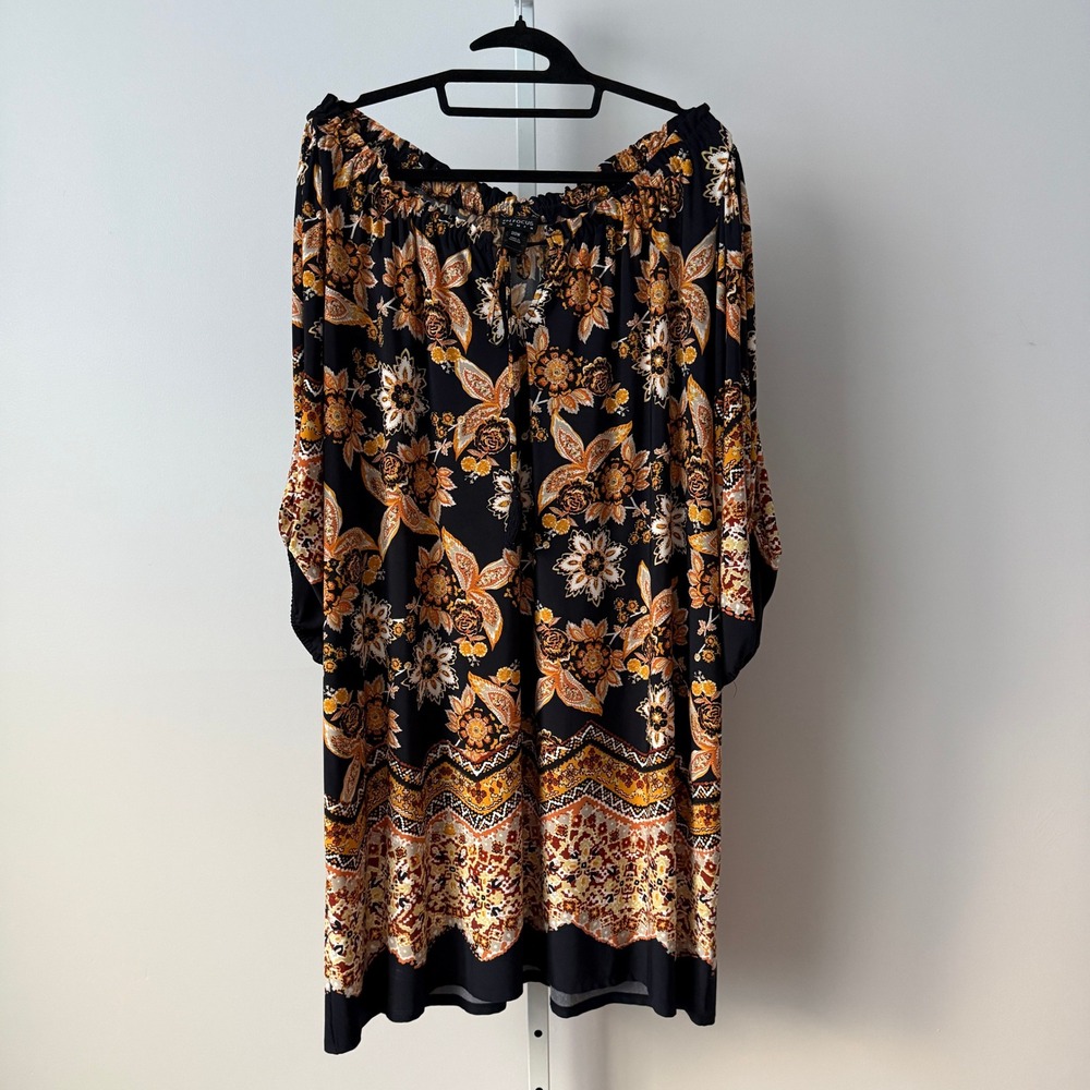 En Focus 20W Black Floral Peasant Dress Flowy Beachy Relaxed Shabby Boho